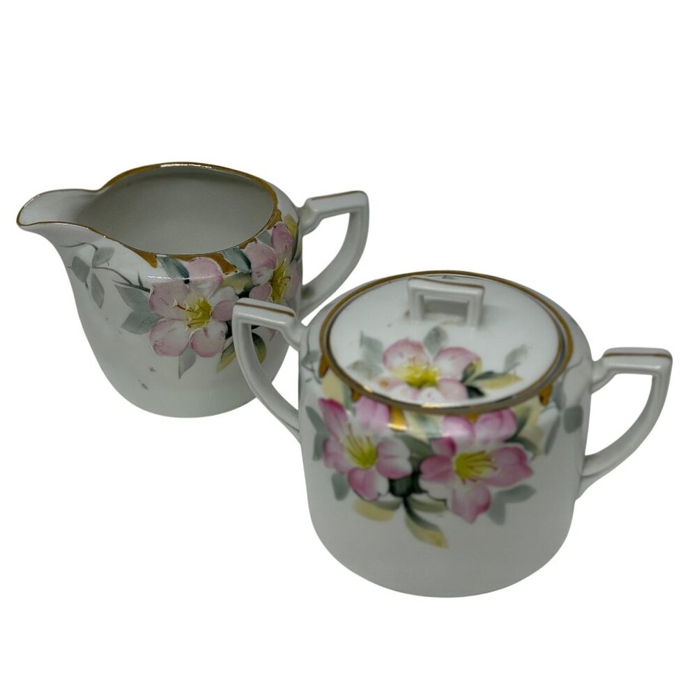 Vintage Noritake Azalea Sugar Bowl & Creamer Set 4" Pink Floral Gold Trim Japan
